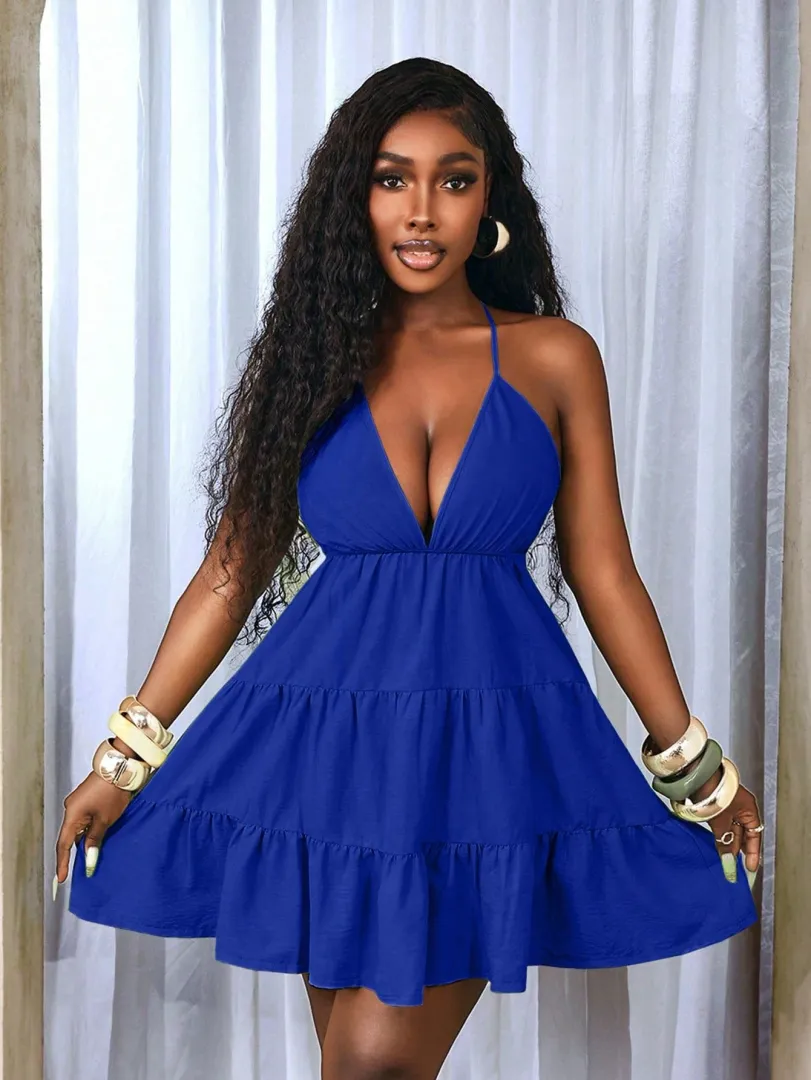 Vestido Feminino Curto de Verão em Cor Sólida com Decote Halterneck, Costas Abertas e Alças Ajustáveis, Estilo Sexy e Leve — foto 3