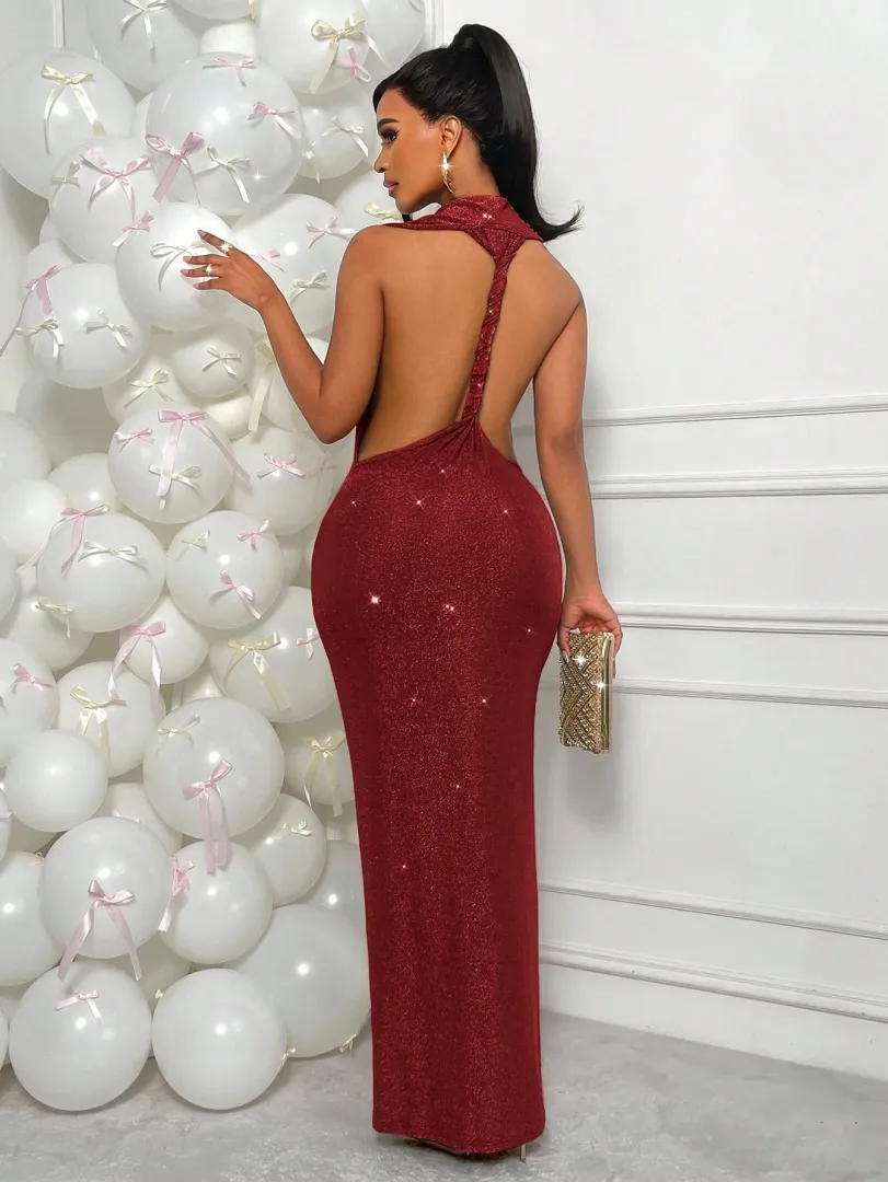 Vestido Feminino de Outono e Inverno em Cor Sólida com Alta Elasticidade, Decote Trançado e Costas Abertas, Estilo Elegante para Festas e Encontros — foto 2