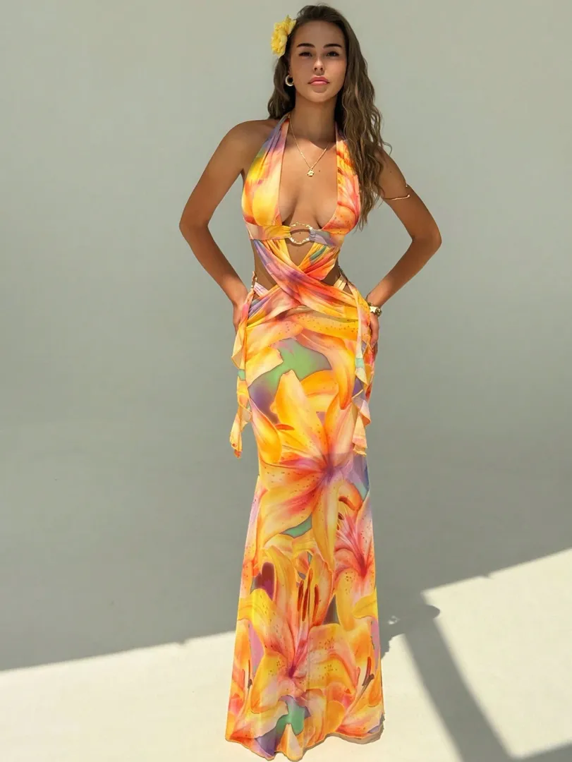 Vestido Feminino Sexy de Verão com Recortes Vazados, Design Cruzado nas Costas e Modelagem Justa, Ideal para Férias e Passeios