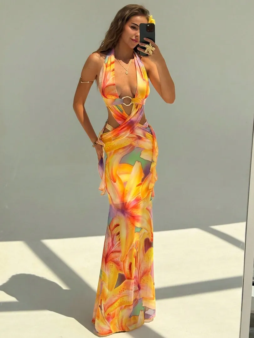 Vestido Feminino Sexy de Verão com Recortes Vazados, Design Cruzado nas Costas e Modelagem Justa, Ideal para Férias e Passeios — foto 3