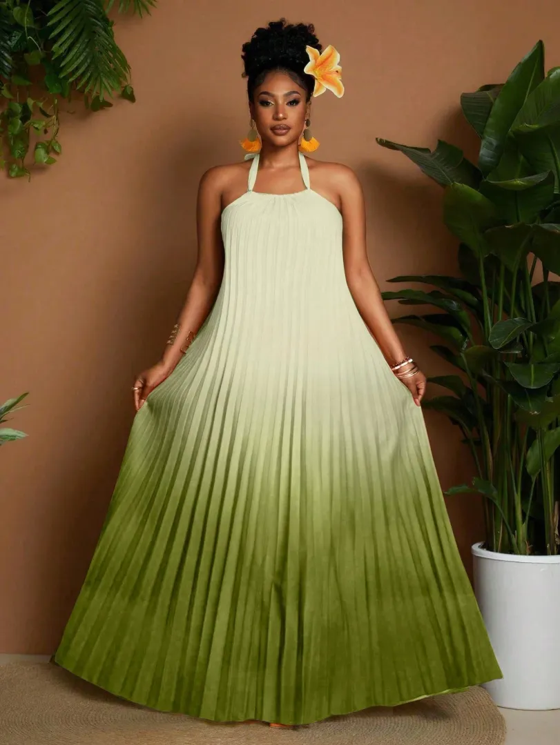 Vestido Feminino Plus Size com Estampa Degradê, Decote Halterneck e Detalhe Plissado, Estilo Versátil e Elegante para Primavera e Verão