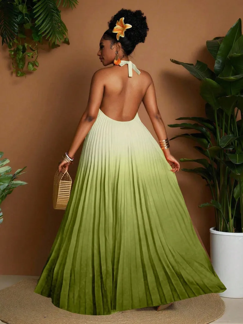 Vestido Feminino Plus Size com Estampa Degradê, Decote Halterneck e Detalhe Plissado, Estilo Versátil e Elegante para Primavera e Verão — foto 6