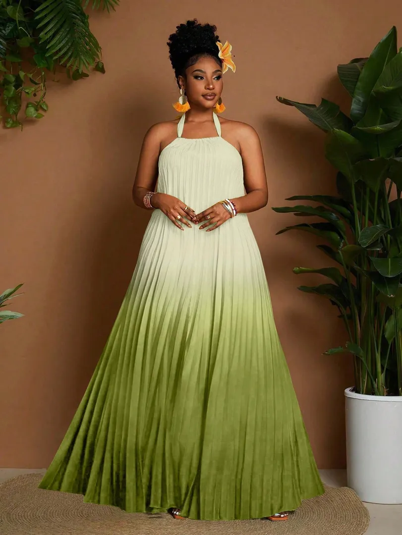 Vestido Feminino Plus Size com Estampa Degradê, Decote Halterneck e Detalhe Plissado, Estilo Versátil e Elegante para Primavera e Verão — foto 4