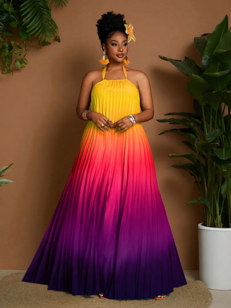 Vestido Feminino Plus Size com Estampa Degradê, Decote Halterneck e Detalhe Plissado, Estilo Versátil e Elegante para Primavera e Verão — cor multicolorido