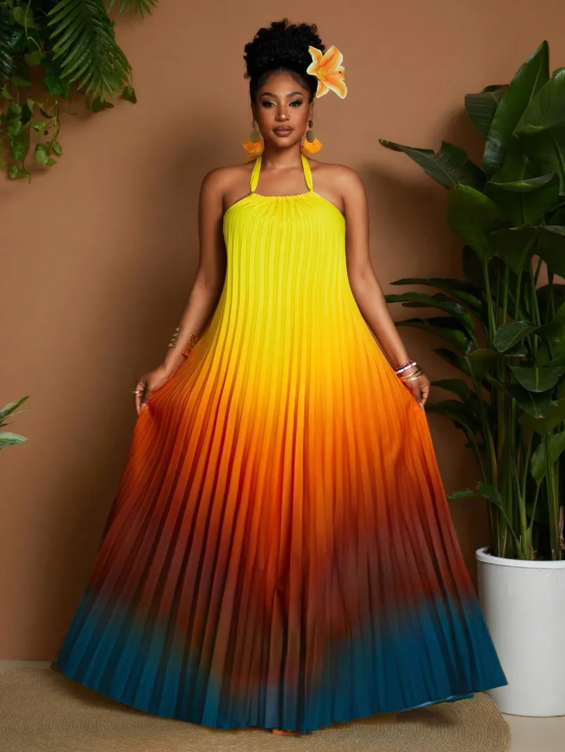 Vestido Feminino Plus Size com Estampa Degradê, Decote Halterneck e Detalhe Plissado, Estilo Versátil e Elegante para Primavera e Verão — cor amarelo