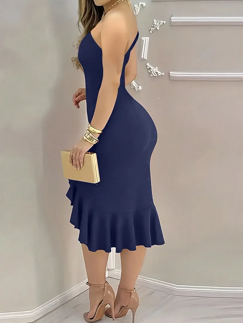 Vestido Feminino Midi Justo com Ombro Assimétrico, Babado na Barra e Fenda Lateral, Estilo Sexy e Elegante — foto 2