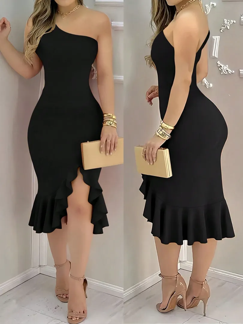 Vestido Feminino Midi Justo com Ombro Assimétrico, Babado na Barra e Fenda Lateral, Estilo Sexy e Elegante — cor preto